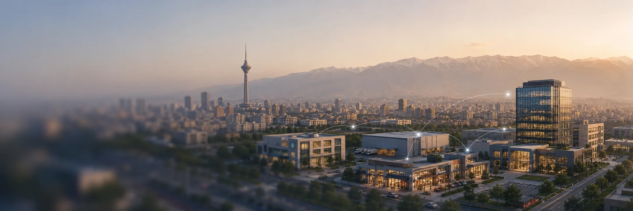 Tehran skyline with connected businesses at sunset